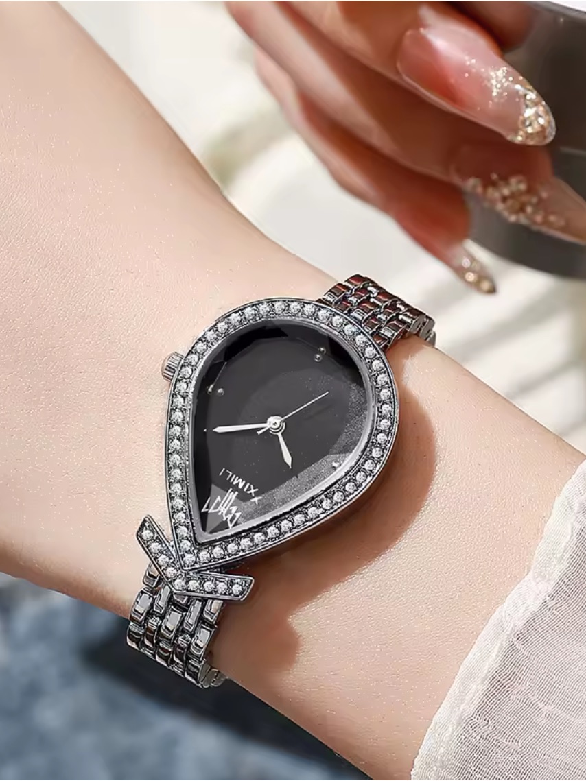 Kohls SilverTone Teardrop Crystal Bracelet Watch With Black Dial